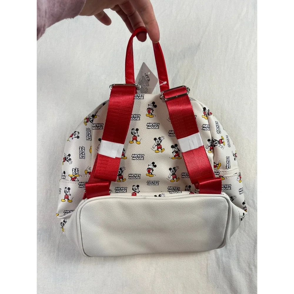 Disney Mickey Mouse Mini Backpack Cream‎ Faux Leather 3D Ears Red Straps NWT